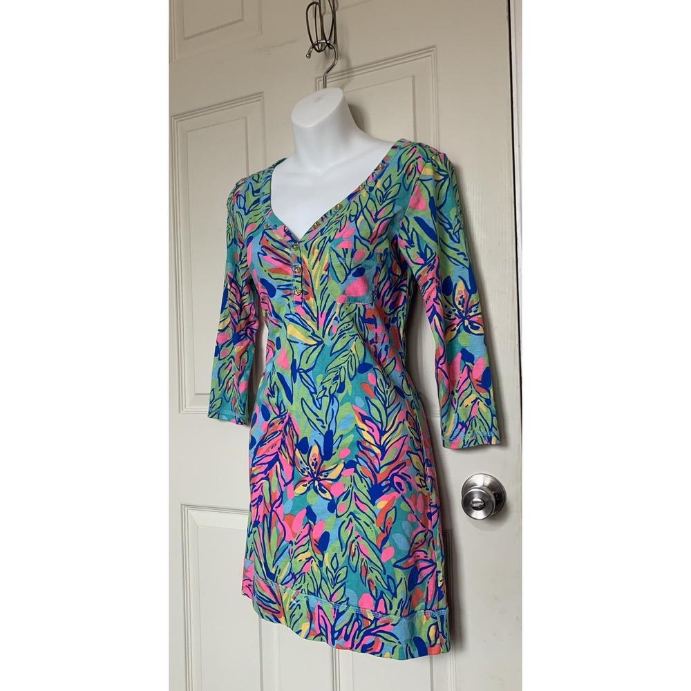Lilly Pulitzer Palmetto V Neck Mini Dress Multi Hot Spot 3/4 Sleeve Small